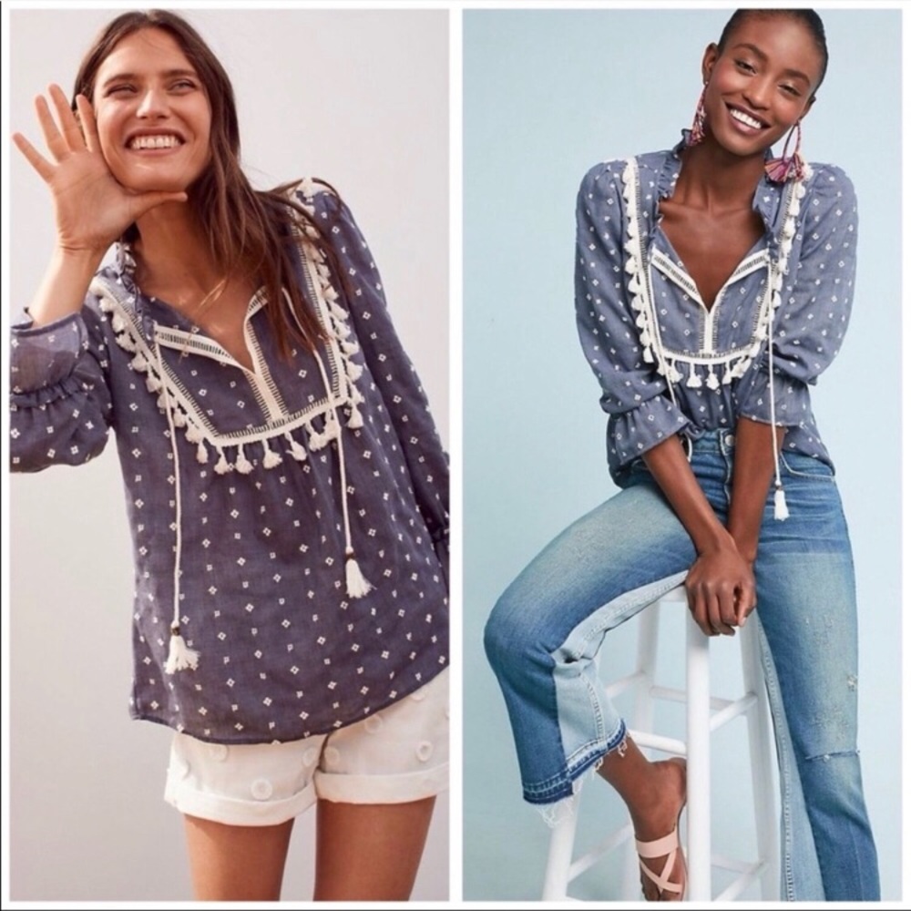 Anthropologie Sawyer blue and cream Boho Peasant Top by Maeve